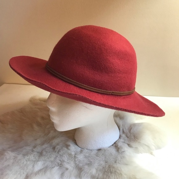 Women’s Red Felt Wool Wide Brim Hat Floral Detail - Picture 3 of 7
